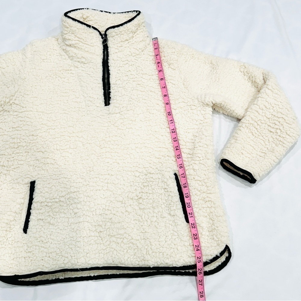 NWT Thread & Supply Cream Black Piping Quarter Zip Sherpa Pullover Sweatshirt - Picture 6 of 8